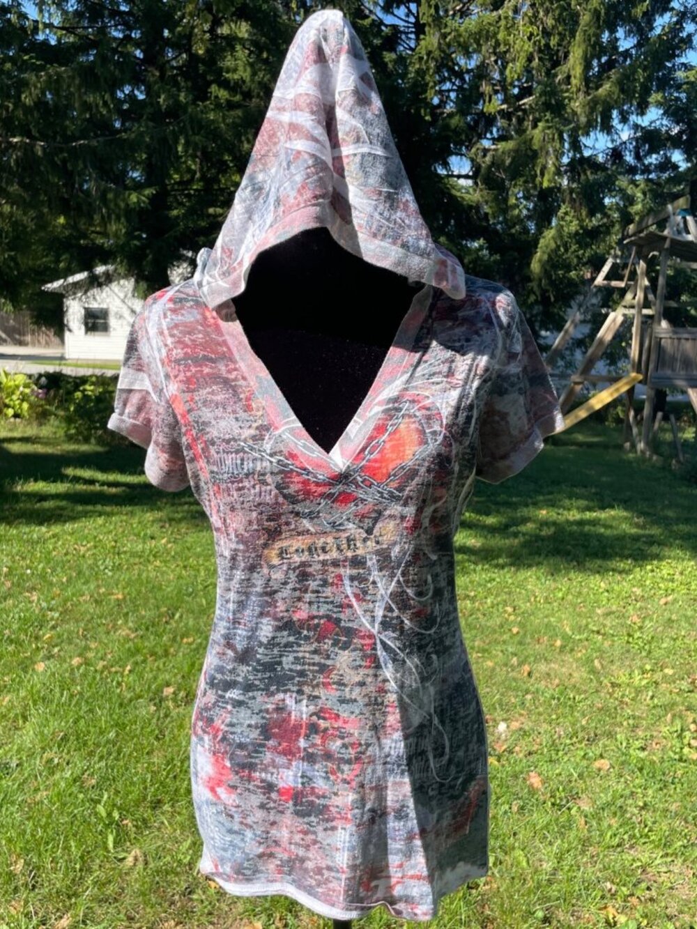 Vintage Y2K Hooded Graphic Tee Micro Top M Sheer Gothic Scroll Print Grunge